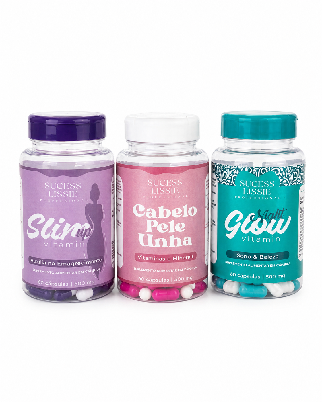 KIT COM 3 ENCAPSULADOS SUCES LISSIE Cabelo, Pele & Unha — Vitaminas e Minerais| Slim Up Vitamin| Night Glow Vitamin — Sono & Beleza